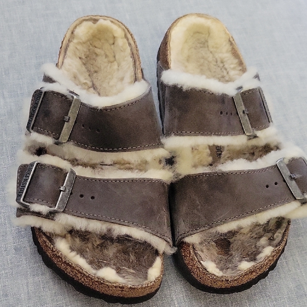 BIRKENSTOCK Women's Arizona Shearling Microfiber Boho Sandals Grey Suede Sz 38